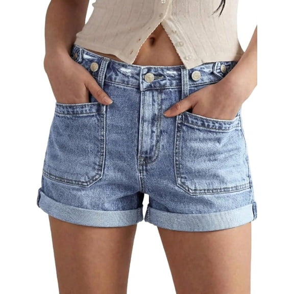 EMMIOL Women's Mid-Rise Stretchy Denim Hot Shorts Y2K Vintage Washed Rolled Hem Jean Shorts with Adjustable Waist and Patch Pockets