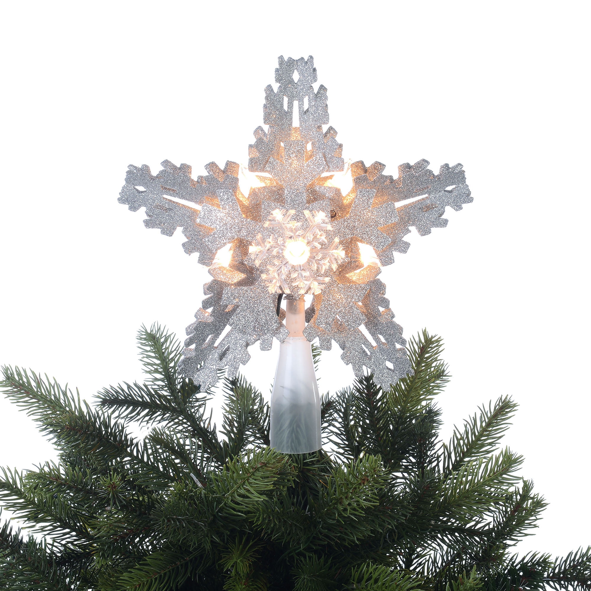 Christmas Tree Topper, PHITRIC 10 Inches Double Layered Silver Snow Lighted  Tree Topper, 8 Points 30 LED Lights Silver Glitter Powder Christmas Tree