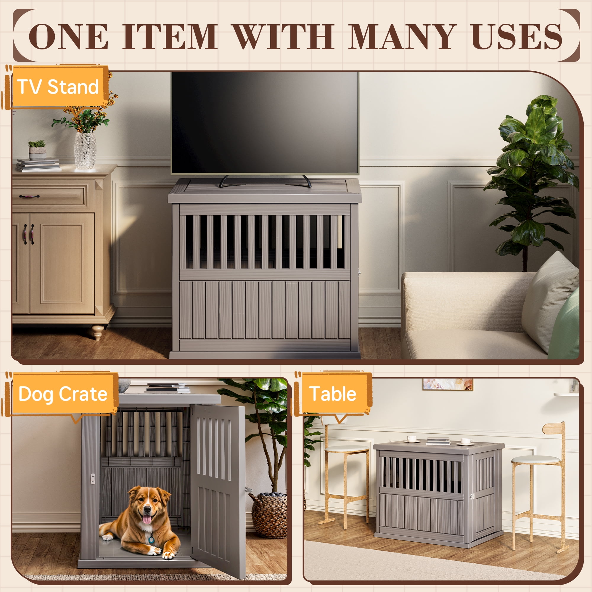 Bifanuo Dog Crate Furniture End Table, Decorative Plastic Kennel with Locking Latch for Medium to Large Breeds, Indoor, Gray