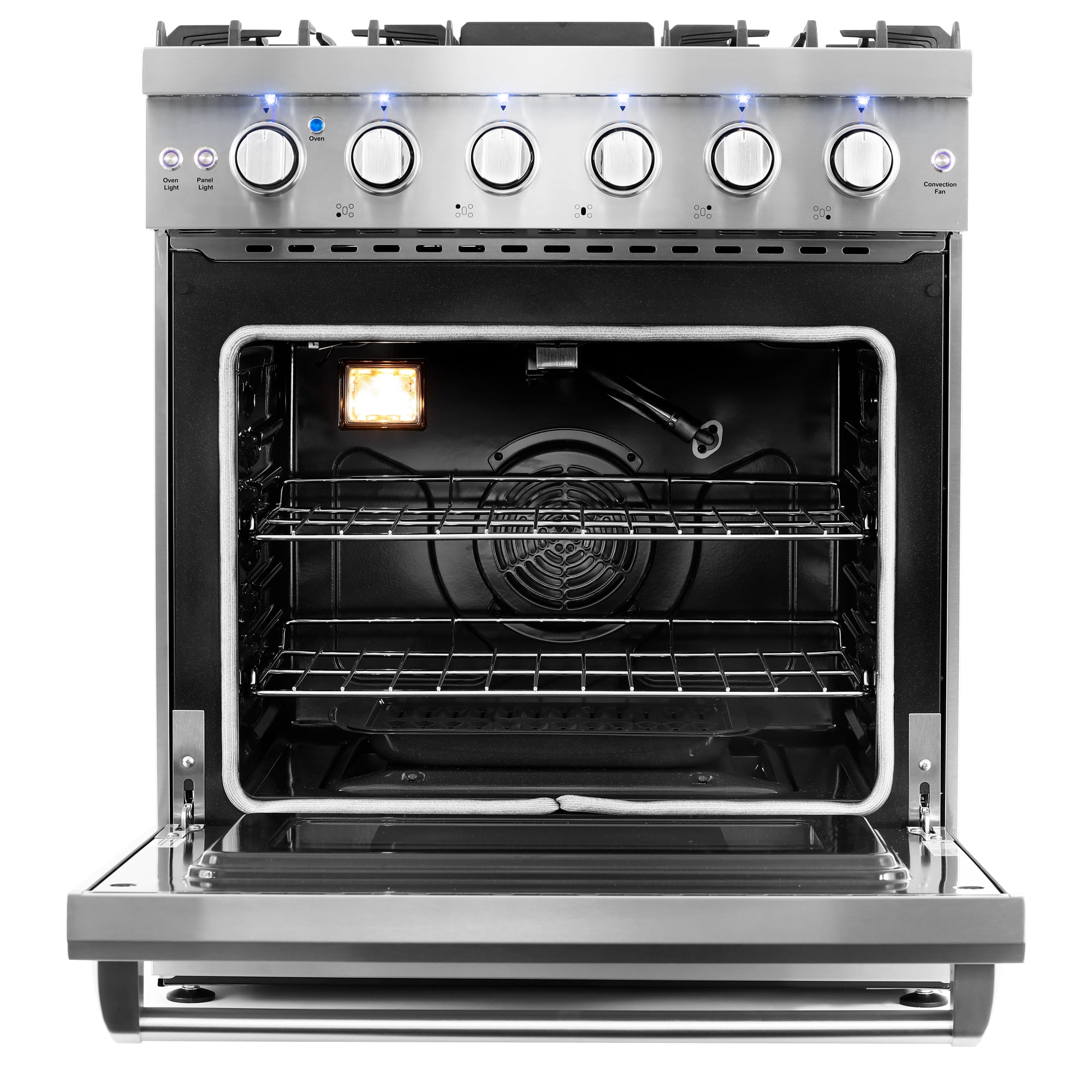 Cosmo 30 in. 4.5 cu. ft. Gas Range, 5 Sealed Burners, Convection Oven, Knob LED Lights, Stainless Steel, Matte Black Handle Knob Kit