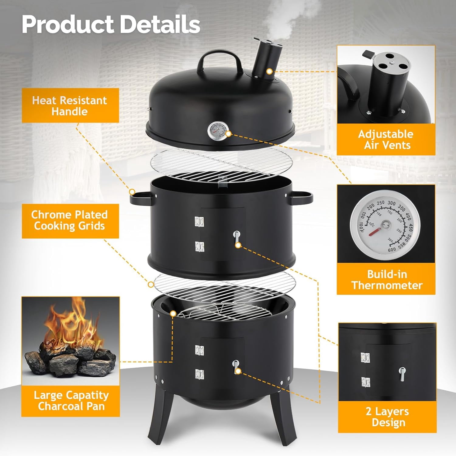 Upgraded 18 Inch Multi-Layer Charcoal Smoker Grill with Chimney, Heavy Duty Round Grill, Vertical Smoker with Thermometer, for Outdoor Cooking, Patio, Parties, Backyard BBQ