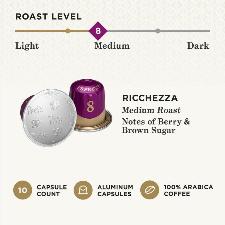 Peet's Coffee Ricchezza Espresso Coffee Pods, Premium Medium Roast  Intensity 8, 10 Count, Single Serve Capsules Compatible with Nespresso  Original 