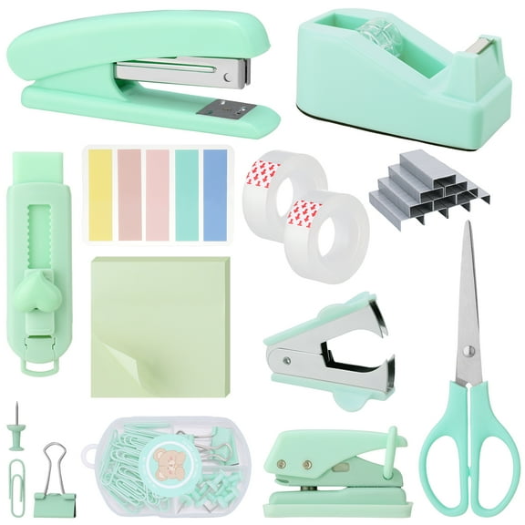 sixwipe 13-in-1 Teal Office Supplies Set & Desk Organizer Kit, Premium Stapler, Tape Dispenser, 1000 Staples, Scissors, Paper/Binder Clips, Ruler, Tabs, Stationery Starter Pack