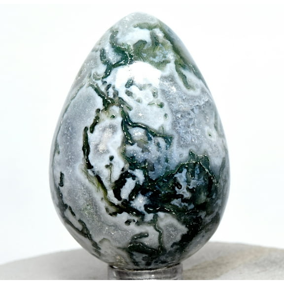 2.1" 95g Green Blue Agate Dendrites in Quartz Crystal Egg Polished Sparkling Gemstone Mineral Specimen - India Stand