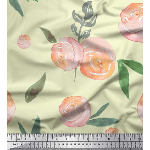 Soimoi Yellow Cotton Jersey Fabric Leaves & Peach Floral Watercolor Print Fabric by The Yard 58 Inch Wide