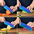 thumbnail image 3 of Santoku Knife 7 Inch WELLSTAR, Super Sharp German Steel Kitchen Cooking Knife with Comfortable Handle and Rainbow Titanium Coating for Chopping Slicing Dicing and Mincing of Meat Vegetables and Fruits, 3 of 8