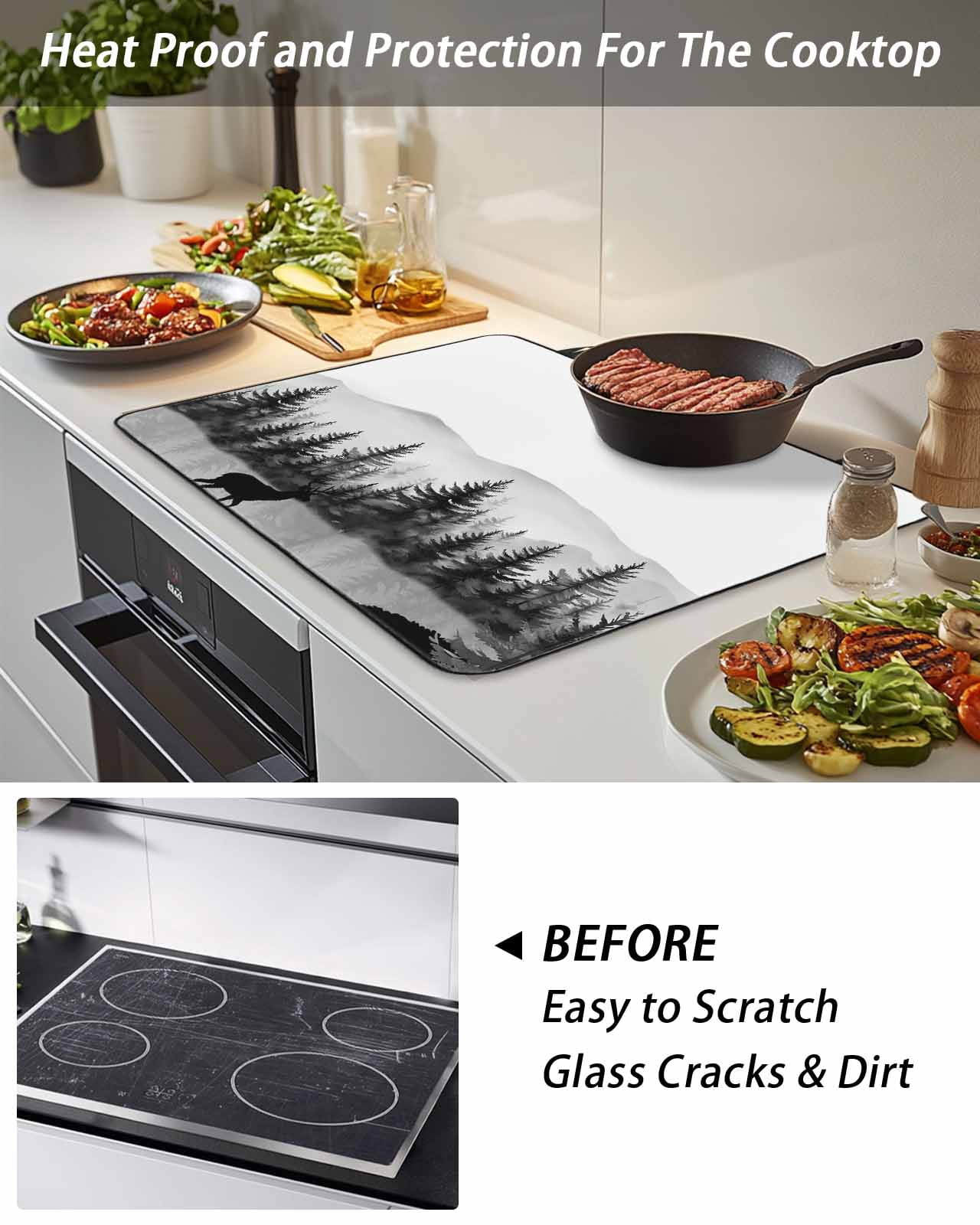 Stove Top Covers for Electric Stove, Black Forests Glass Stovetop Cover Protector, Pine Trees Elk Foggy Farmhouse Rustic Induction Cooktop Protector Oven Mat for Kitchen Countertop 24"x21"