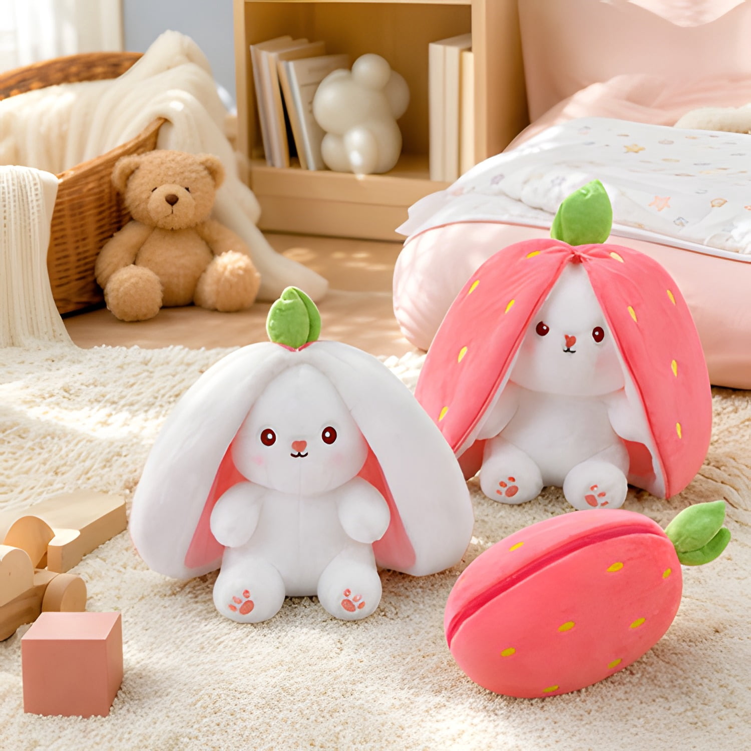 Kawaii Squishy Cute Easter Bunny Plush Turn Into Rabbit Fruit Doll Carrot Strawberry Pillow, Plushies Funny Bunny Toy for Baby