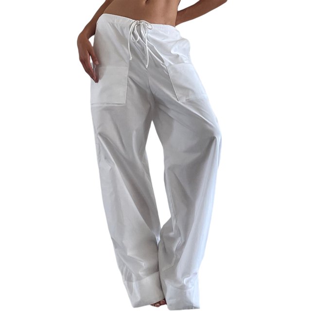 Pantalones Sunloudy Pierna Ancha Mujer Cordón Cintura Baja Negro