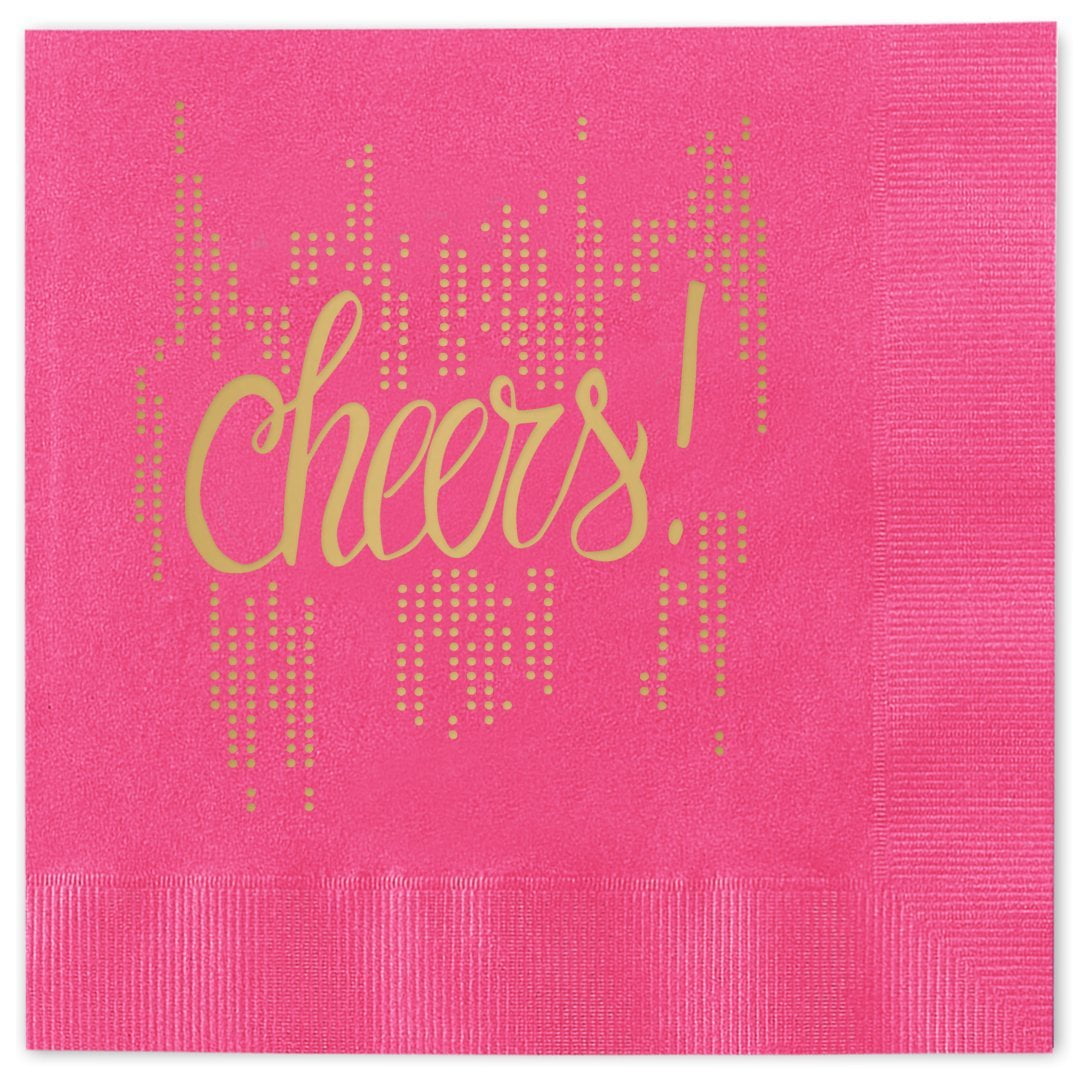 Bubbly Cheers Beverage Cocktail Napkins Set of 25 Magenta pink paper napkins with gold... by