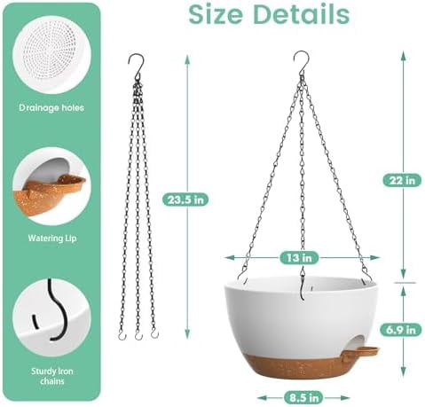 Large Self Watering Hanging Planters for Indoor Outdoor Plants, 13 Inch 2 Pack, Hanging Plant Pots with Removable 50 Oz Reservoir, Plastic Hanging Basket for Window, Porch, Garden