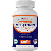 Angle View: Vitamatic Melatonin 20mg Fast Dissolve 120 Tablets 20 mg - Nighttime Sleep Aid (Double Dose Compare to Melatonin 10mg, 12 mg, 12mg, 10 mg )