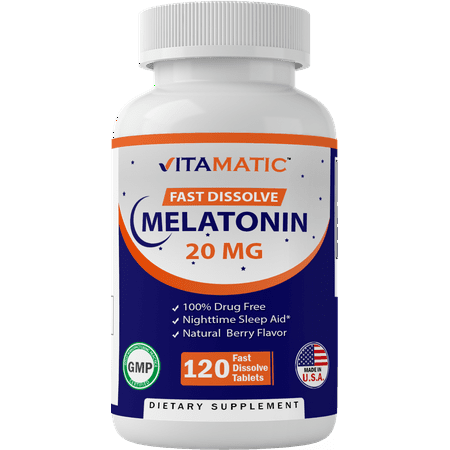 Vitamatic Melatonin 20mg Fast Dissolve 120 Tablets 20 mg - Nighttime Sleep Aid (Double Dose Compare to Melatonin 10mg, 12 mg, 12mg, 10 mg )