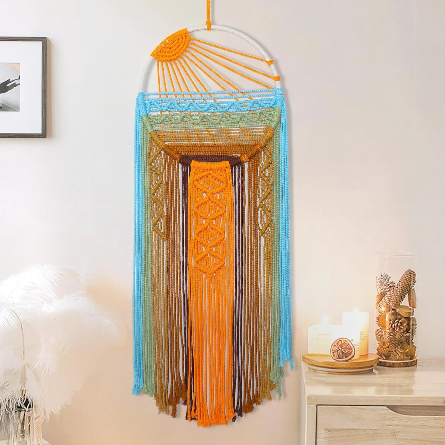 Shiwaki Attrape-Rêves Macramé Bleu - Décoration Murale Bohème Avec Plumes Et Ornements, 60 Cm
