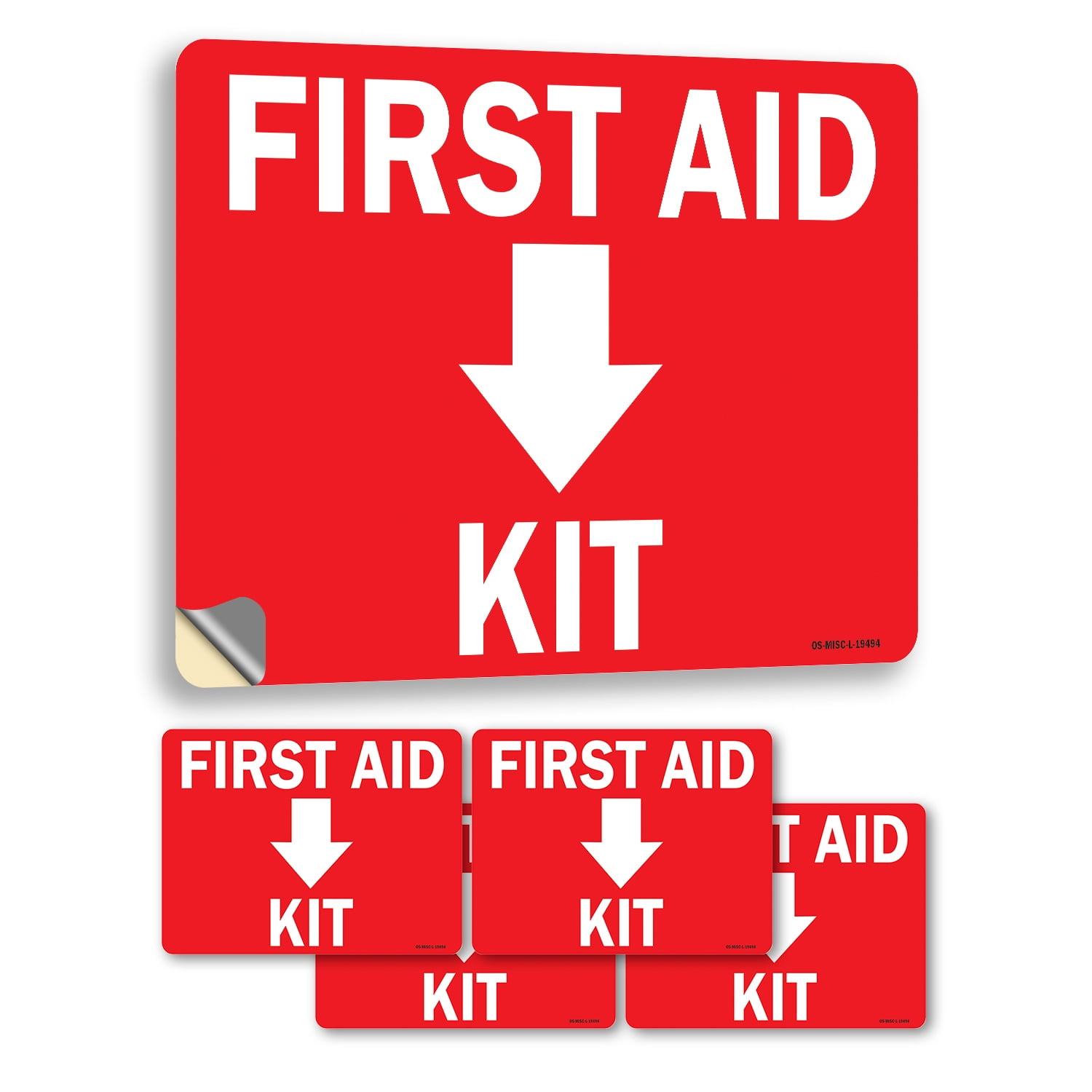 First Aid Kit with Down OSHA Vinyl Decal Label 10 Inch x 7 Inch - 5 Pack