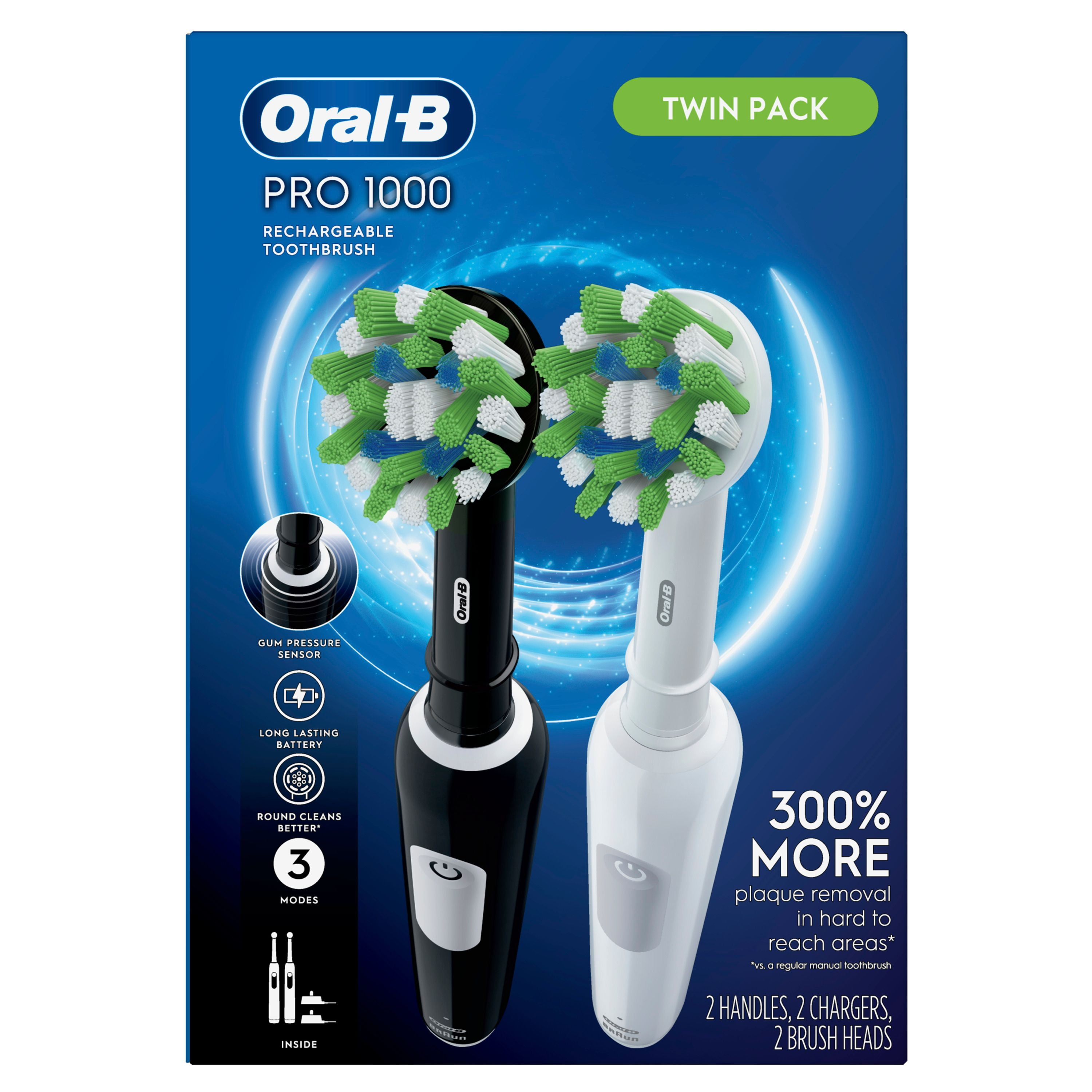 Oral-B Pro 1000 Electric Toothbrush, Black & White, 2 Handles, 2 Chargers, 2 Brush Heads
