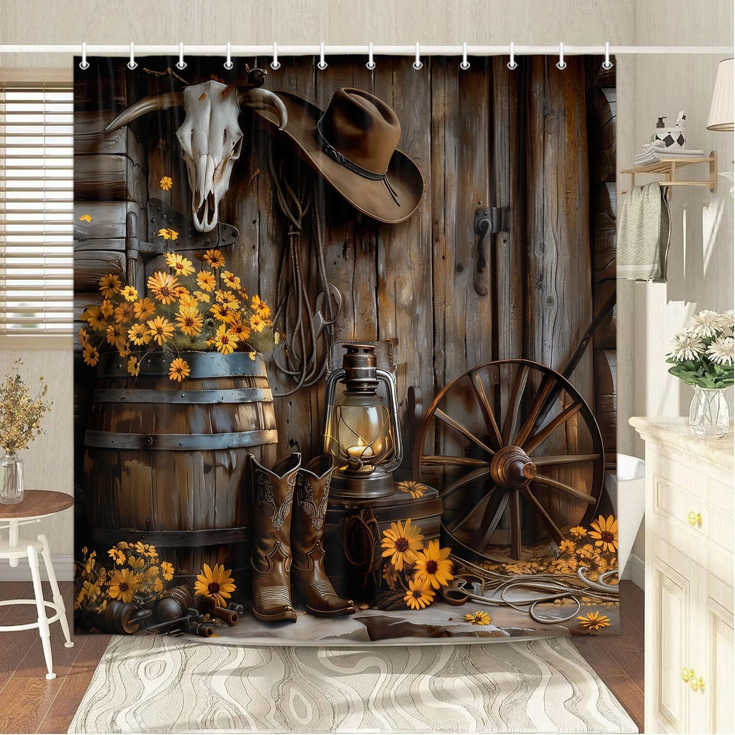 Western Cowboy Shower Curtain with Farmhouse Barn Door, Southwest Country Ranch Bath Curtain with Cowboy Boots Floral, Rustic Southwestern Theme Bathroom Decor Set with Hooks 70X75in