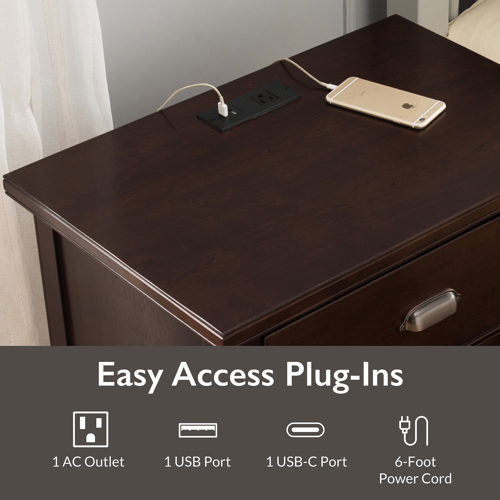 Leick Home Traditional 3-Drawer Solid Wood Laurent Nightstand with USB-C Charging Station, Chocolate Cherry