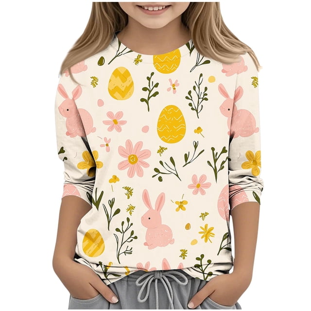 T-shirt Graphique de Pâques pour Enfants, Chemise à Manches 3/4 et Col Rond avec Imprimé de Vacances, Haut Décontracté Doux pour Garçons et Filles