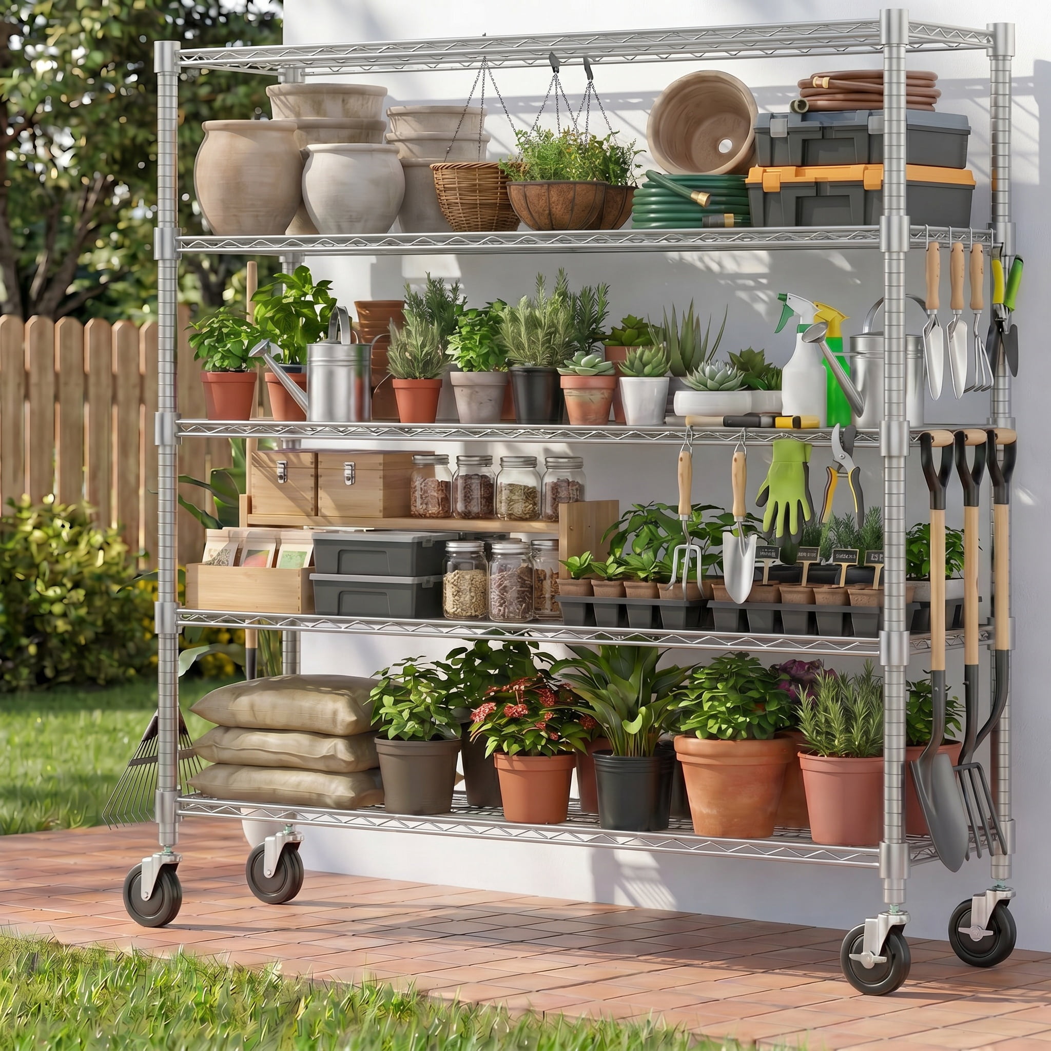 Legooin 5-Tier Garage Shelving Unit on Wheels 60"W x 18"D x 82"H Industrial Storage Rack Heavy Duty Wire Shelves, Silver