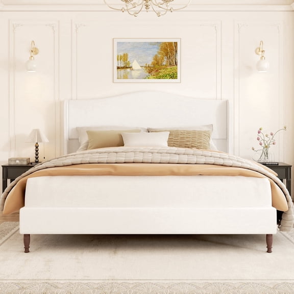 VIPLOV King Size Bed Frame with 51" Tall Headboard, Chenille Upholstered Platform Bed Frames , No Box Spring Needed, Noise Free, Easy Assembly, Beige