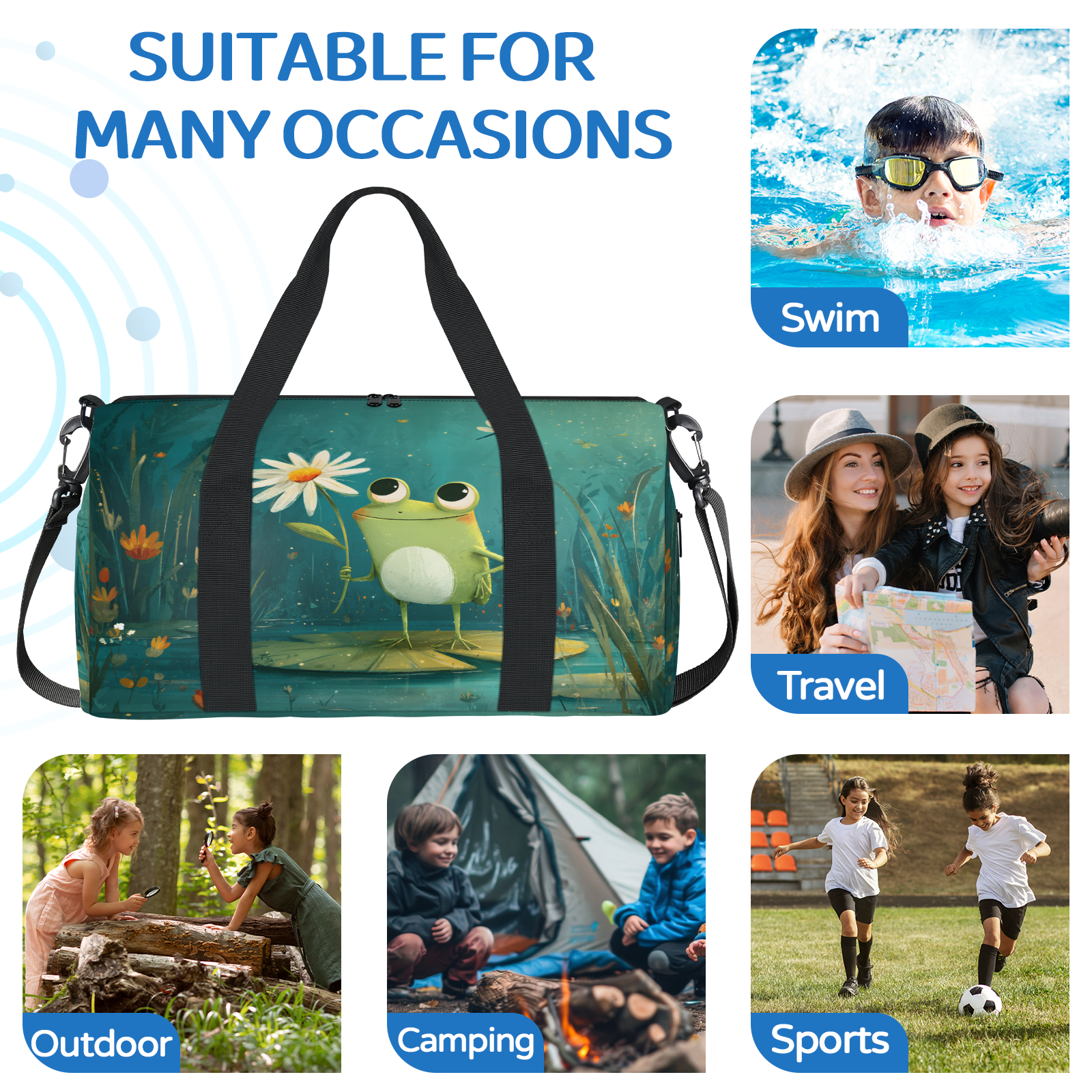 Herdesigns Funny Frog Gym Bag for Women, Duffle Bag for Travel Sport, Green Leaf Flower Lightweight Waterproof Carry on Weekender Dance Yoga Workout Bags