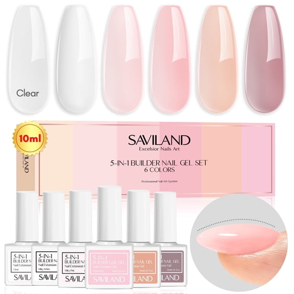 Saviland 5-in-1 Builder Nail Gel Set - 6 Colors Clear Milky Pink Nudes Base Strengthening Gel Nail Polish for Natural Nail Extensions Nail Art