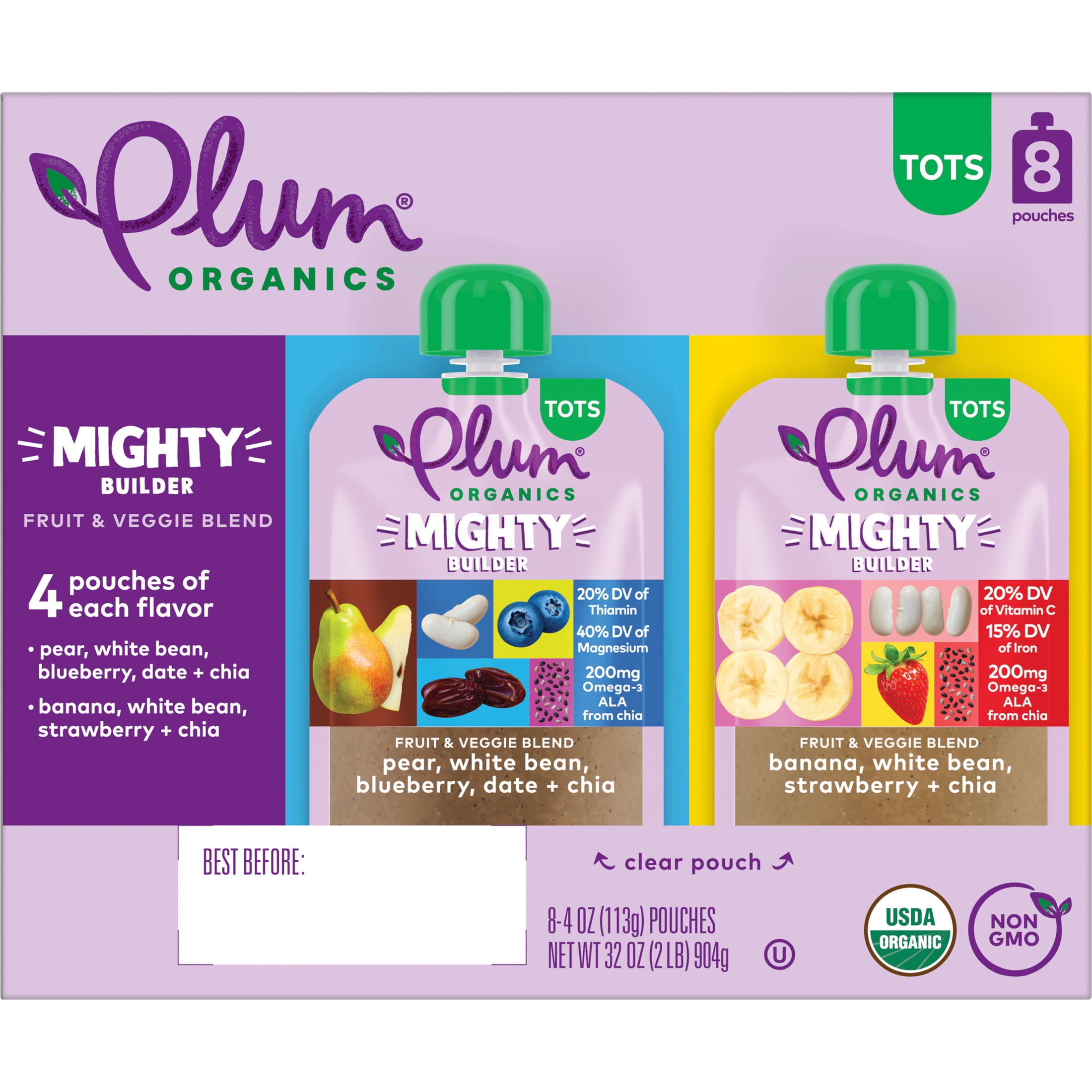 (3 pack) Plum Organics® Tots Mighty Builder Fruit & Veggie Blend Pear, White Bean, Blueberry, Date + Chia & Banana, White Bean, Strawberry + Chia 4oz Pouch-8-Pack
