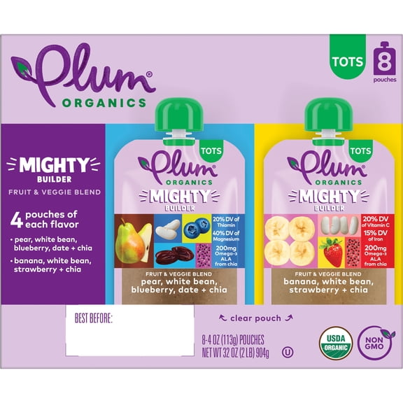 Plum Organics® Tots Mighty Builder Fruit & Veggie Blend Pear, White Bean, Blueberry, Date   Chia & Banana, White Bean, Strawberry   Chia 4oz Pouch-8-pack