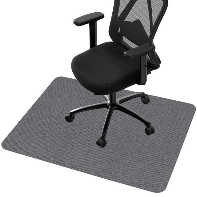 Chair Mat for Hard Floors, Computer Gaming Chair Mat, and Office Chair Mats for Hardwood & Tile Floor in a large size. The mat is made of polyester with a light grey color and a modern square design featuring arc corners. It measures 48 inches long, 36 inches wide, and 0.15 inches thick. The surface has a soft loop-like fabric texture, allowing easy chair movement while preventing slipping. Suitable for hard floors, it protects against scratches, stains, and noise, making it ideal for office or gaming setups.