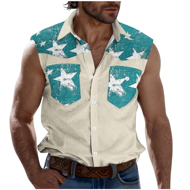 Camisas de Cuello para Hombres, Moda Casual Día de la Independencia Imprimir Turndown Bolsillos sin Mangas Tanque Deportivo