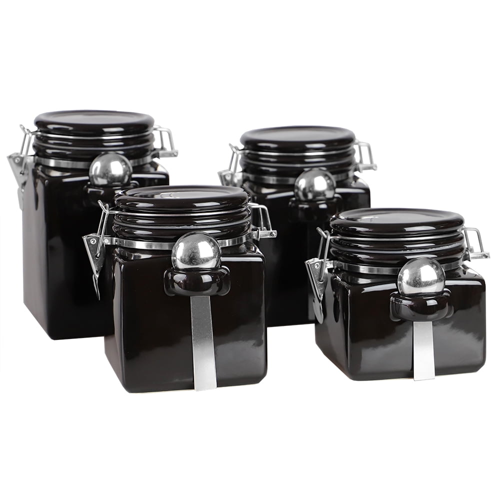 Home Basics 4 Piece Square Ceramic Canisters with Metal Spoons, Black