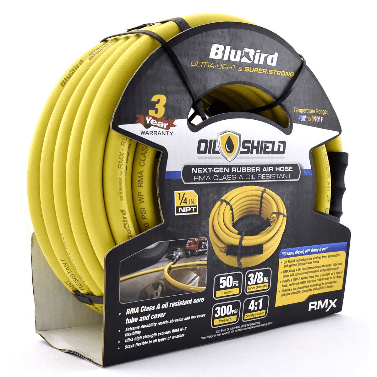 OIL SHIELD OS3850 3/8" x 50' Class A Rubber Air Hose, -50F to 200F, 1200PSI Burst Pressure, Grease and Oil Resistant, Retards Fire-sparks, Brass Fittings, 4 Finger-grip Bend Restrictor