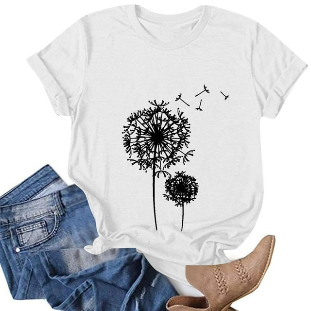 T-shirts d'Été pour Femmes à Col Rond, T-Shirt Imprimé Pissenlit, T-Shirt Décontracté à Manches Courtes, Hauts pour Femmes, Chemisiers, Chandail