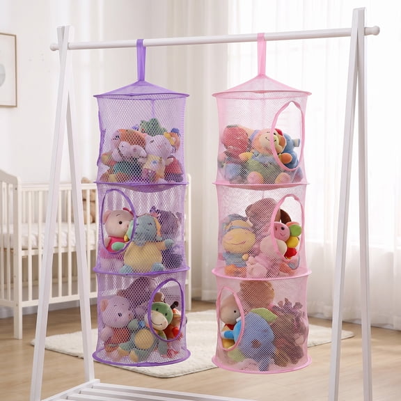 Stuffed Animal Storage – Foldable 3 Compartment Hanging Mesh Storage Net for Plushies, Stuffed Animals, or Collectibles – Space-Saving Corner Hammock for Room Organization