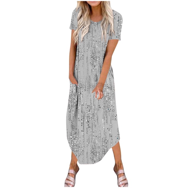 Vestidos de Verano de Mujer Casual Cuello Redondo Bolsillos de Manga Corta Impresión Vestido Largo, Vestido Ligero de Poliéster para Diario, Fiesta Y Primavera