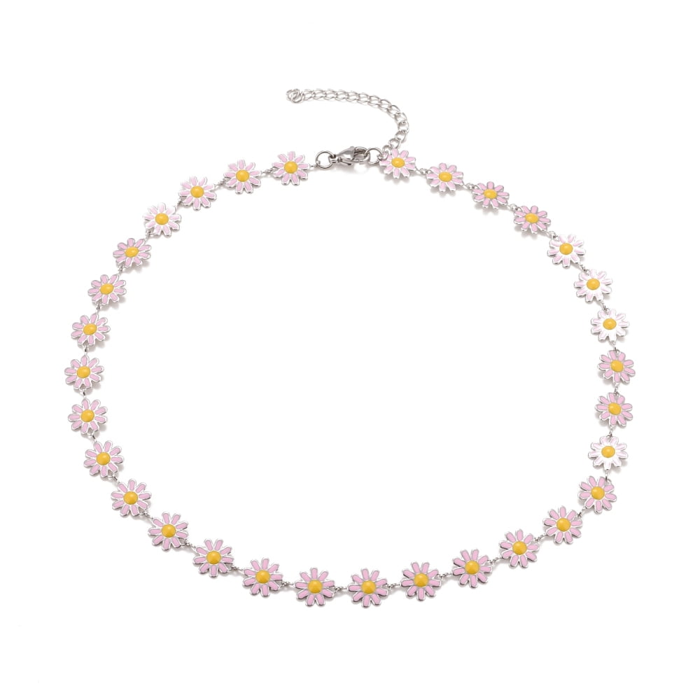 Enamel Daisy Link Chain Necklace 304 Stainless Steel Jewelry for Women Stainless Steel Color Pink 16.3 inch(41.5cm) DIY