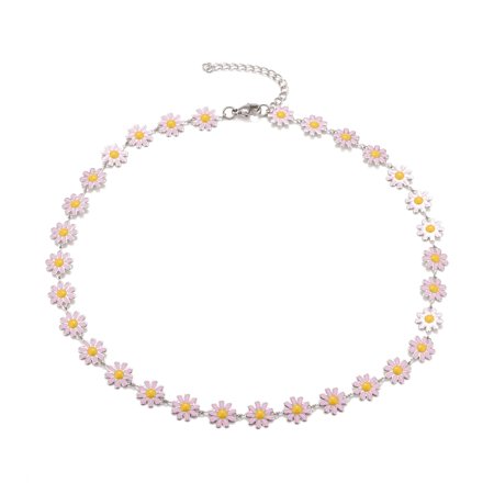 Enamel Daisy Link Chain Necklace 304 Stainless Steel Jewelry for Women Stainless Steel color Pink 16.3 inch(41.5cm)