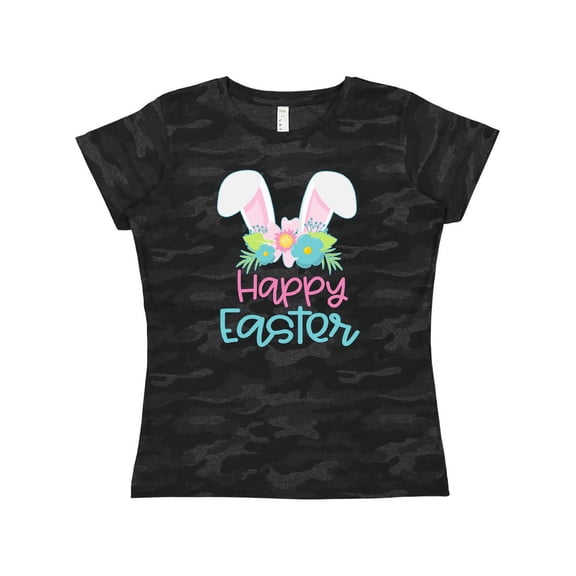 Inktastic Happy Easter with Bunny Ears and Flowers Women's T-Shirt