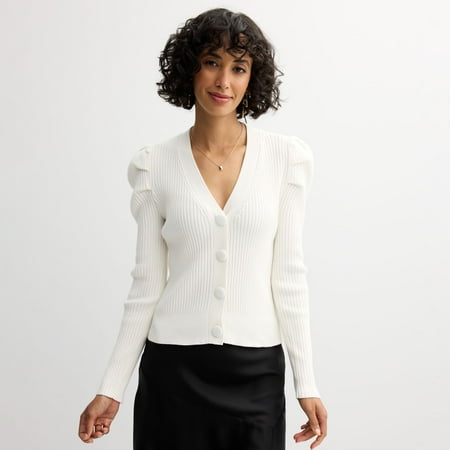 Women's Catherine Malandrino Button Front Ribbed Cardigan Sweater Color: Ivory Size: LARGE