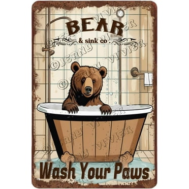 Bear Decor Wash Your Paws Retro Aluminum Sign 12x8 IN Metal Tin Sign Funny Bathroom Wall Decor Bear Gifts Metal Bear Wall Art French Country Wall Decor for Bedroom Farmhouse Decor