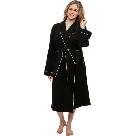 Silver Lilly Women's Terry Cloth Kimono Spa Bath Robe w/ Piping (Black,