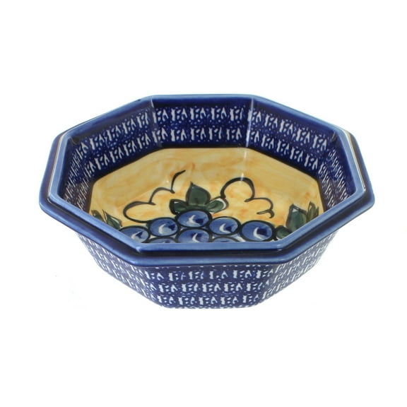 Blue Rose Polish Pottery Grapes Octagonal Bowl with Cobalt Trim