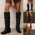 thumbnail image 2 of Slouchy Knee High boots Women Buckle Strap Low Heel Riding Booties Vintage Leather Pull on Wide Mid Calf Fall Winter Long Boots Yellow Size 8.5, 2 of 6