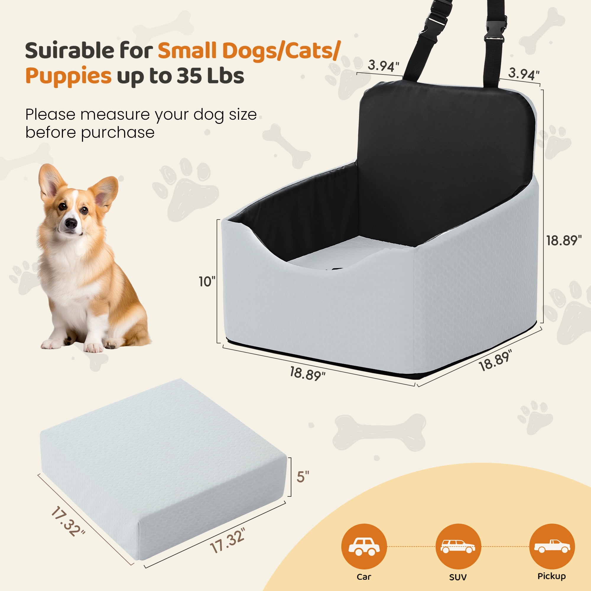 Poshby Dog Car Seat for Small Dogs, Portable Booster Car Seat with Patent Safe Buckles, for Pets up to 35lbs, Gray
