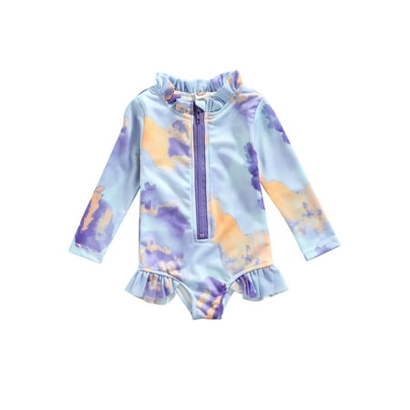 

Baby Girl Swimsuit Rashguard Swimwear Long Sleeve Ruffle Zipper One-Piece UPF 50+ Sun Protection Bathing Suit