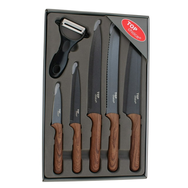 Juego de Cuchillos para Cocina de Acero Inoxidable Mango de Madera, 6 Piezas, Set Cuchillos para Chef, Incluye Cuchillos y Pelador con Caja de Regalo