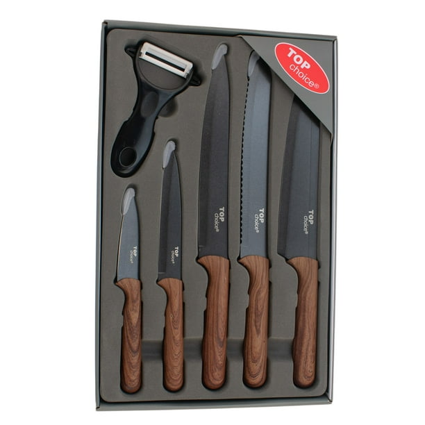 Juego de Cuchillos para Cocina de Acero Inoxidable Mango de Madera, 6 Piezas, Set Cuchillos para Chef, Incluye Cuchillos y Pelador con Caja de Regalo