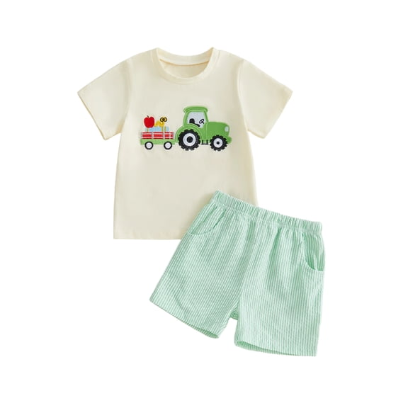 Cjfdfy Toddler Baby Boys Back to School Outfits Kids Kindergarten Outfits Baby Boy First Day of School Outfit Apple in Tractor Embroidery Short Sleeve T Shirt Tops and Striped Pockets Shorts Set