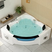 ijuicy Walk-in Bathtub, Freestanding Jetted Bathtub with Jacuzzi and Waterproof Neck Pillow, Fan Shaped All-in-One Whirlpool Soaking Tub with Water Massage, Hot/Cold Bathtub-White